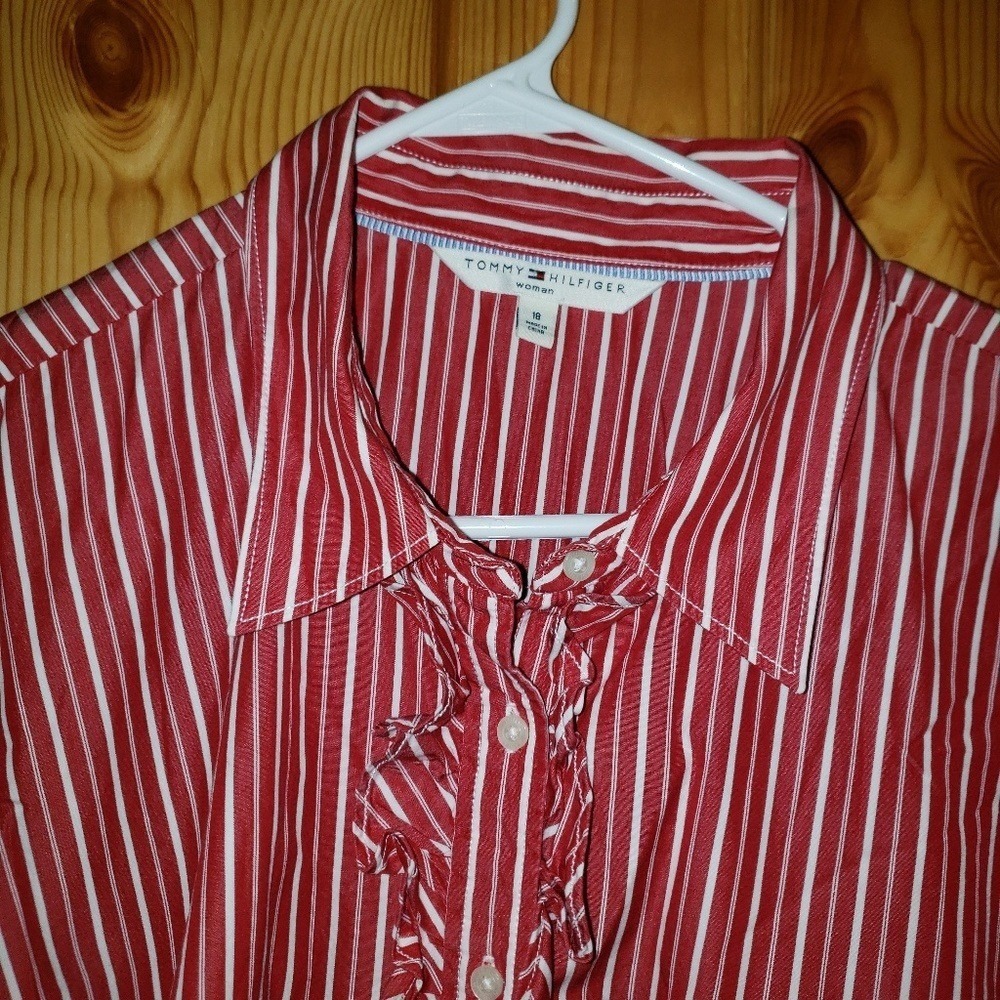 Tommy Hilfiger Woman Red White Striped Ruffle Front Button Down Shirt Size 18 - Picture 2 of 10